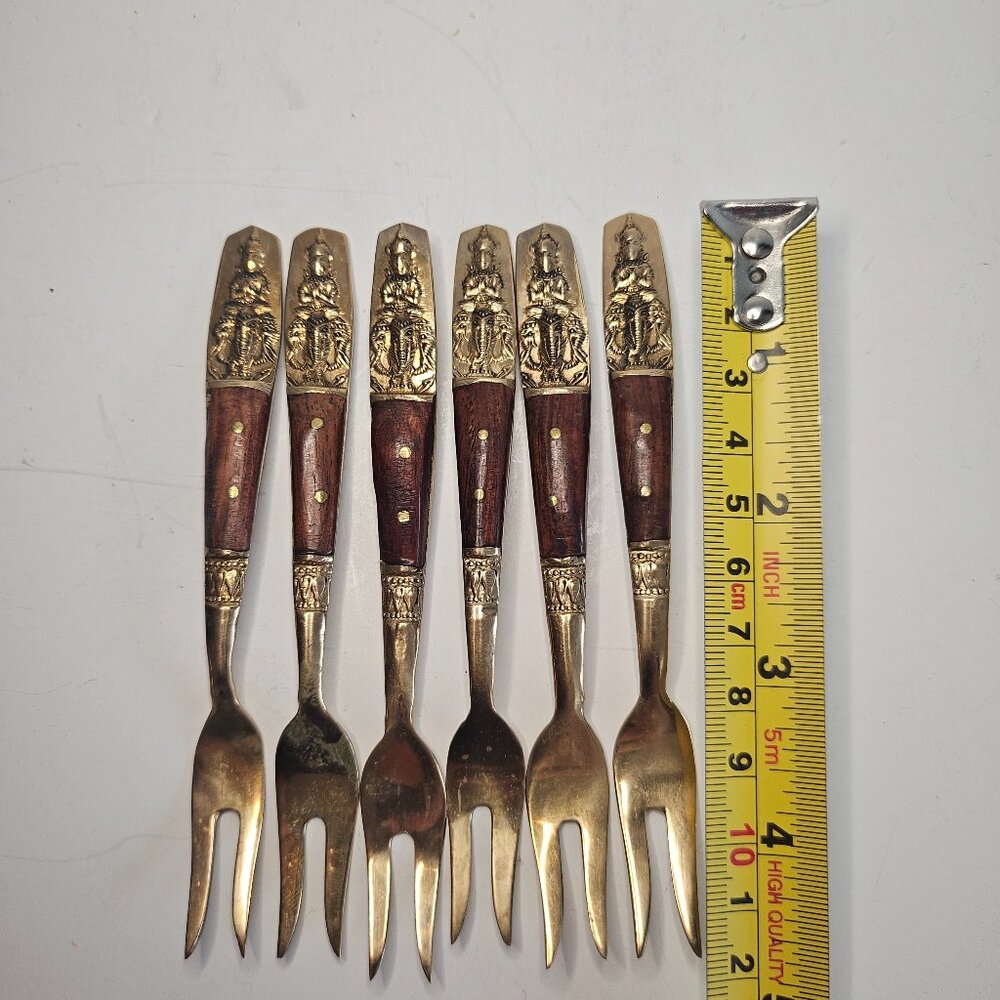 Vintage SIAM 6 Brass-Bronze gold tone & Teak wood cocktail forks Thailand - Picture 3 of 9